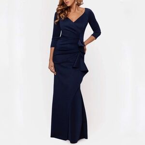 XSCAPE “LEXI" LONG SLEEVE SCUBA RUCHED SIDE DRESS